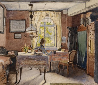 Zonnig interieur met een vrouw bij het raam door Carl Wenzel Zajicek